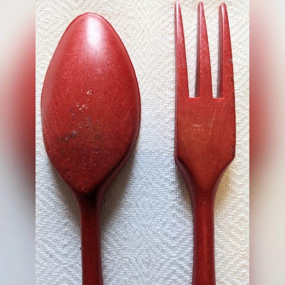 Vintage Red and Cream Salad Serving Utensil Set